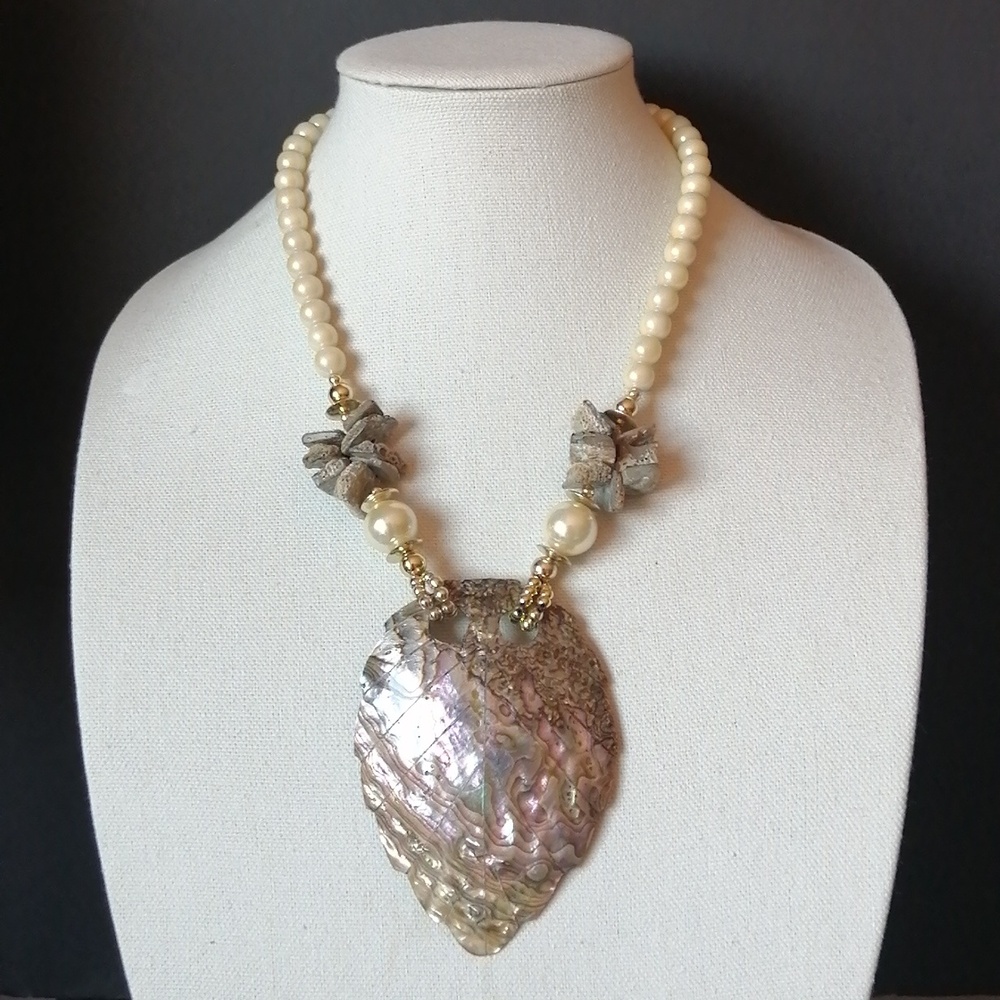 Vintage Natural Abalone Shell Faux Pearl Silvertone Beads Artisan Necklace